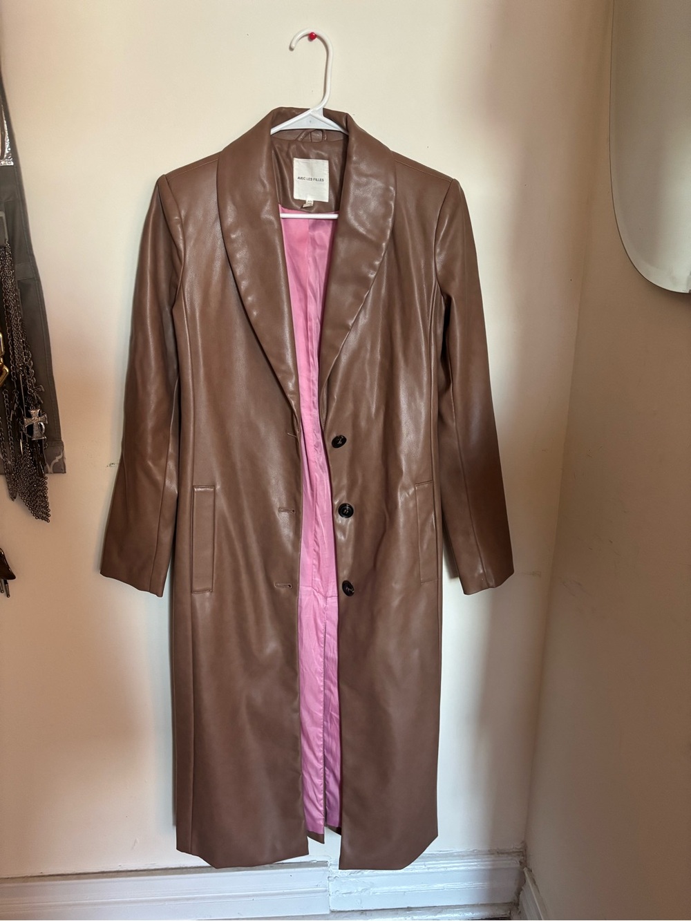 Long Womens Brown Faux Leather Coat with Pink Lining Avec Les Filles